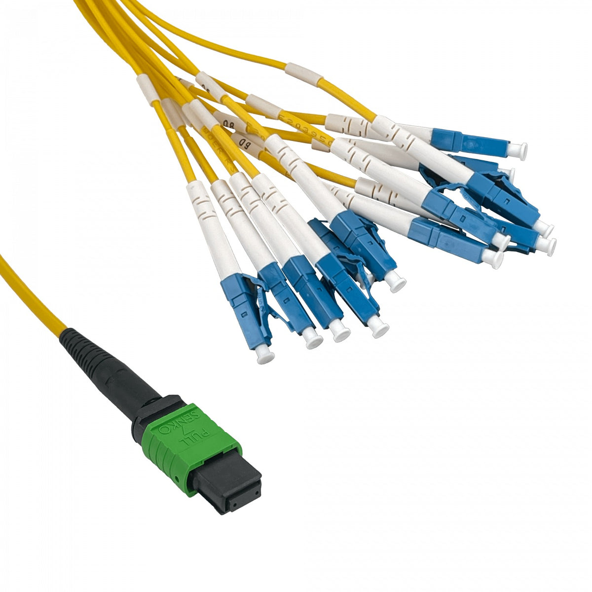 JFSLM6 Cable Jumper de Fibra Óptica Monomodo 9/125um, 6 metros totales, 12 LC de 1.5m y 1 MPO de 4.5m
