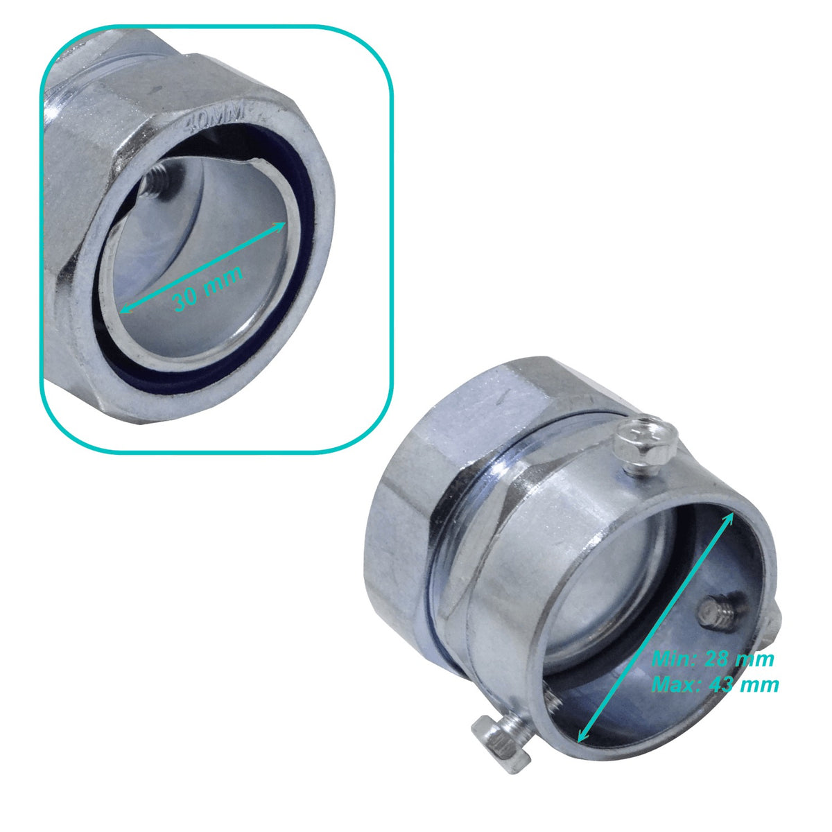 MEMT40 Adaptador metálico de unión de 40 mm para tubo EMT a conduit flexible, rango 28-43 mm a 30 mm