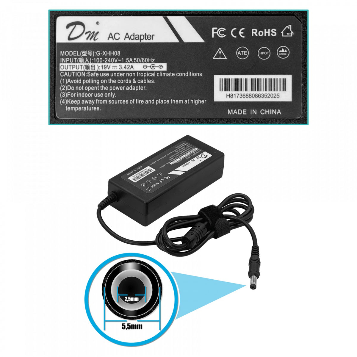 F19-34C Conector-5,5x2,5mm 19VDC 3,41A 65W Conmutada Fuente de Alimentación