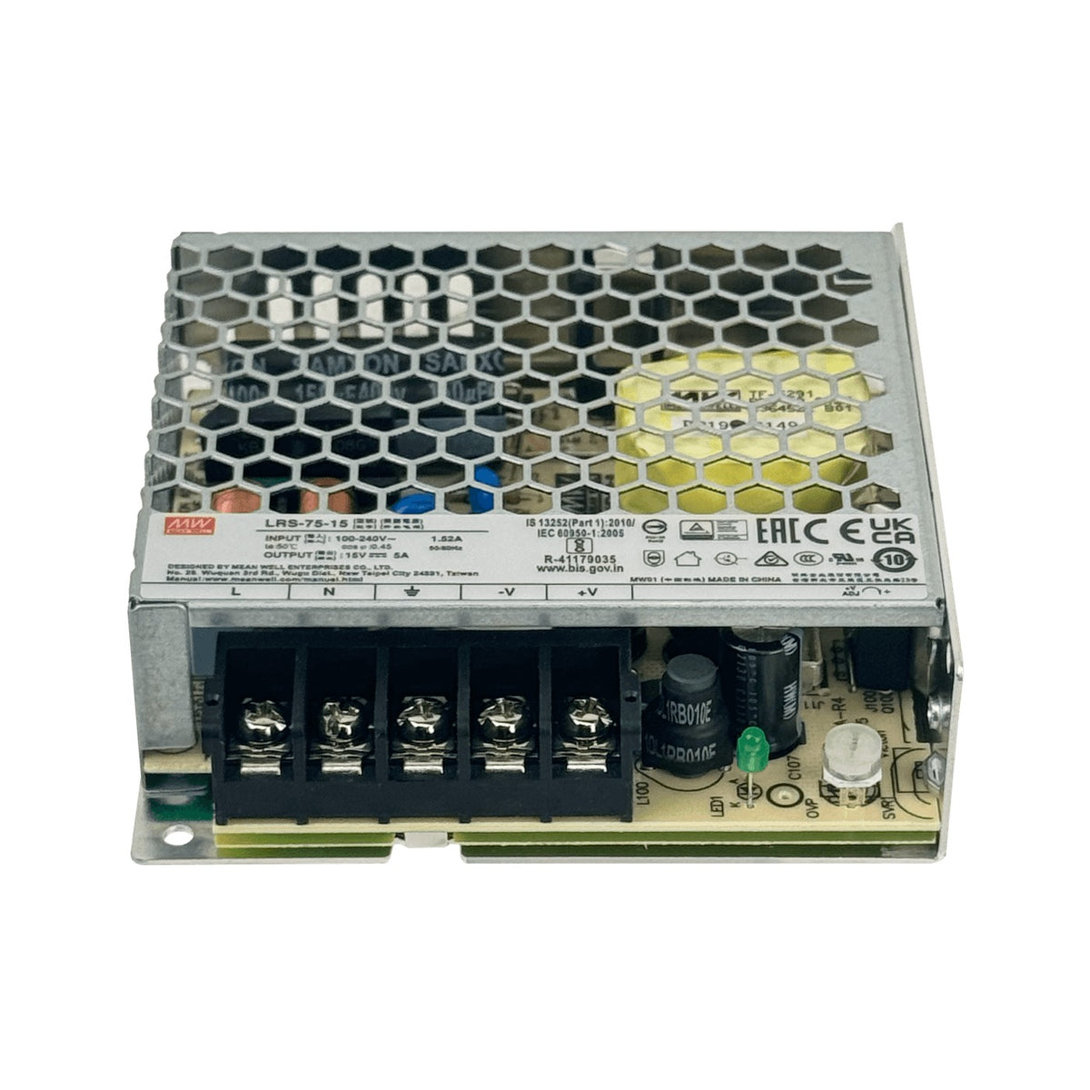 LRS-75-15 MEANWELL Fuente de Alimentación de Marco Abierto 75W, Salida 15V 5A, Entrada 100-240VAC, Voltaje Ajustable