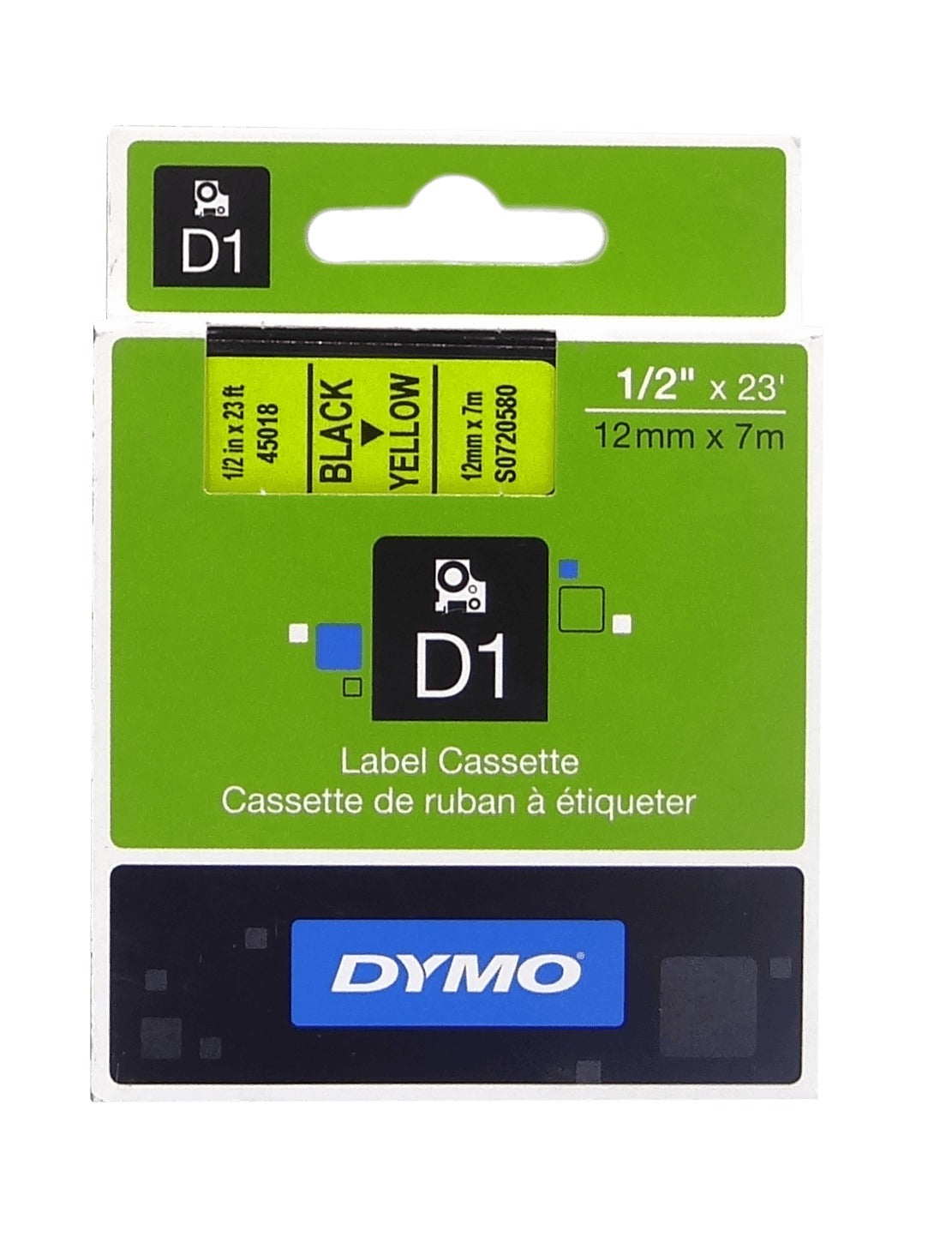45018 DYMO 12mm Negro en Fondo Amarillo Cinta 7mt D1-Label Cassette