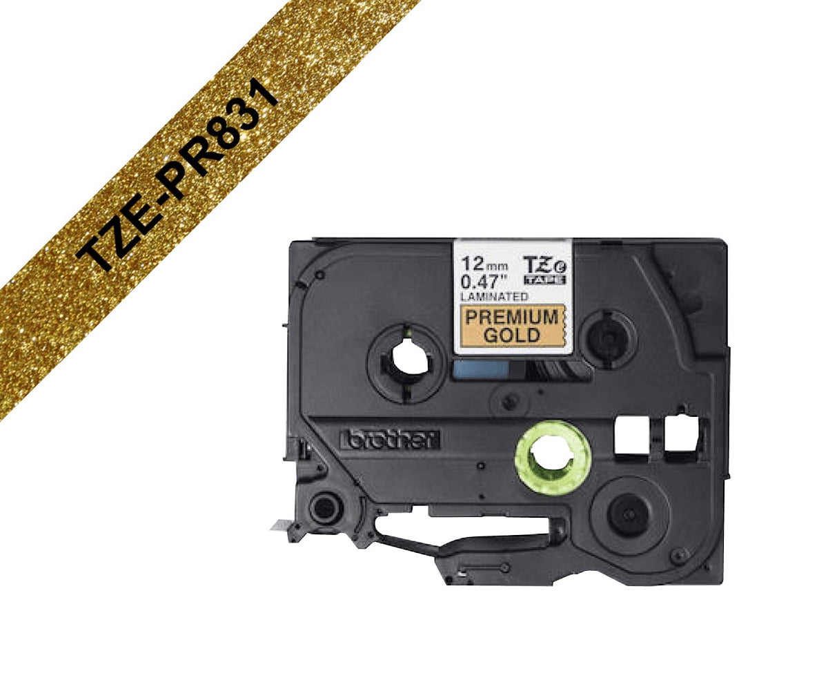 TZE-PR831 BROTHER Cinta de 12mm con Purpurina Negra sobre Base Dorada 8m para Rotuladores PT-H110/E300