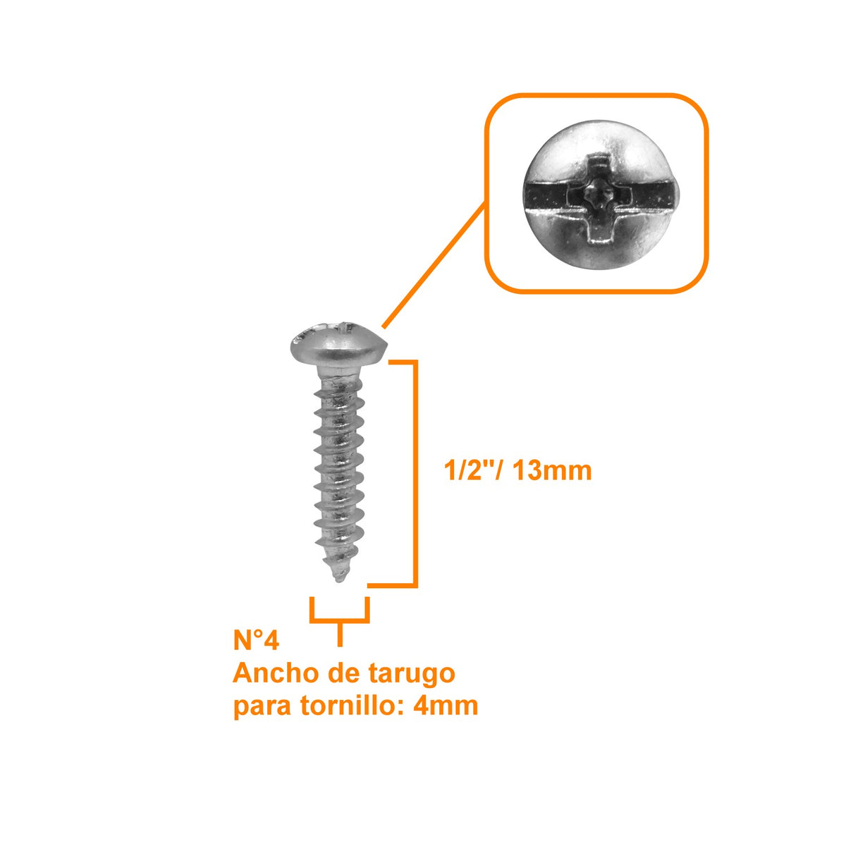 YUR5-04 Lote 50-piezas 4 x 1/2 pulgada Largo 13mm Acabado Plateado Tornillos de Cruz Autorroscantes Punta Aguda