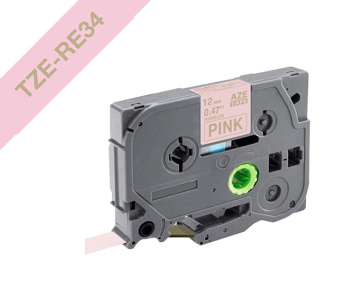 TZE-RE34 BROTHER Satín 12mm Dorado sobre Fondo Rosado Cinta 4mt para-PT-H110/H200