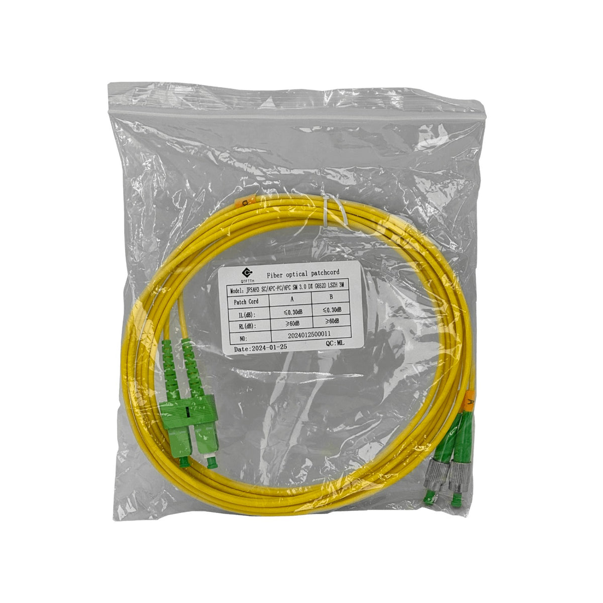 JFSAH3. Latiguillo dúplex de fibra óptica monomodo SM de 3 m con conectores SC/APC a FC/APC, núcleo de 9/125 µm y cubierta de 3 mm