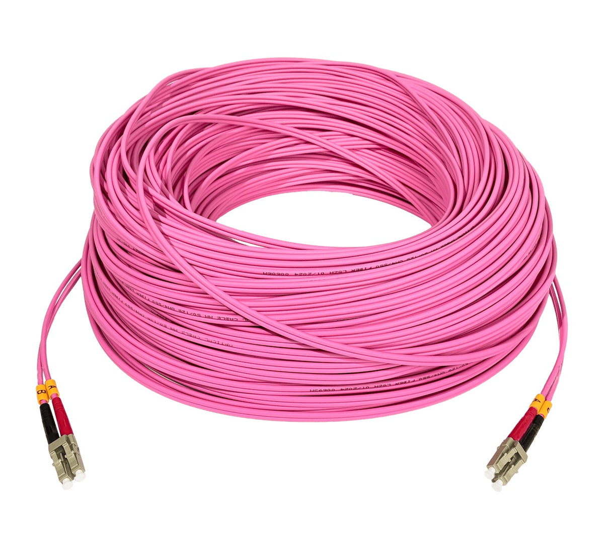JF4LL100. Cable de interconexión de fibra óptica multimodo dúplex LC a LC de 100 metros, cubierta LSZH, núcleo de 50/125 µm y diámetro de 3 mm