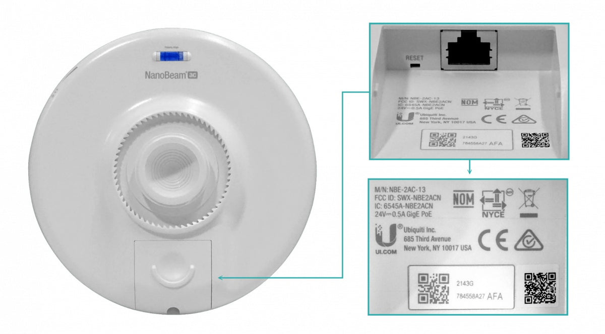 NBE-2AC-13. Punto de acceso inalámbrico UI de 2,4GHz con ganancia de 13dBi y potencia de transmisión de 27dBm, puerto Ethernet 10/100/1000 RJ45, incluye PoE pasivo de 24V y 12W, configuración MIMO 2x2, modelo NanoBeam NBE-2AC-13-EU UBIQUITI