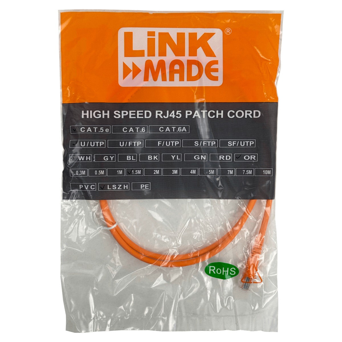 CPB-15L LINKMADE 1,5MT CAT5E NARANJO LSZH CABLE PATCH INYECTADO MULTIFILAR