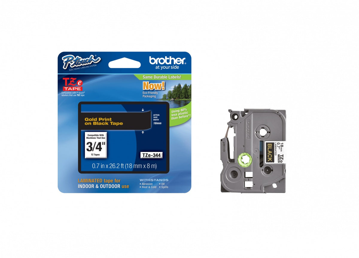 TZE-344 BROTHER 18mm Dorado sobre Negro Cinta 8 metros para PT-E300/E550/D600