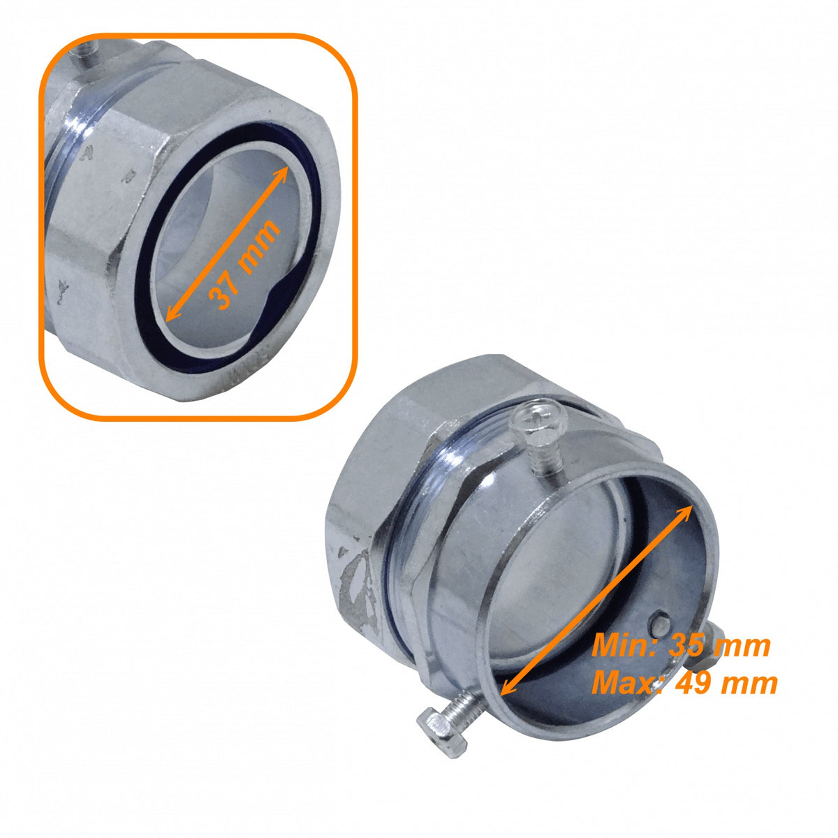 MEMT50 Adaptador Metálico de Unión EMT a Tubería Flexible de 50mm, Rango 35-49mm a 37mm