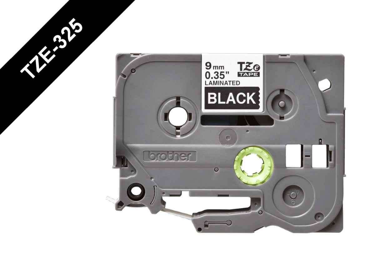 TZE-325 BROTHER Cinta de etiquetado 9mm caracteres blancos sobre fondo negro largo 8 metros para equipos PT-H110/E300/E550/D600