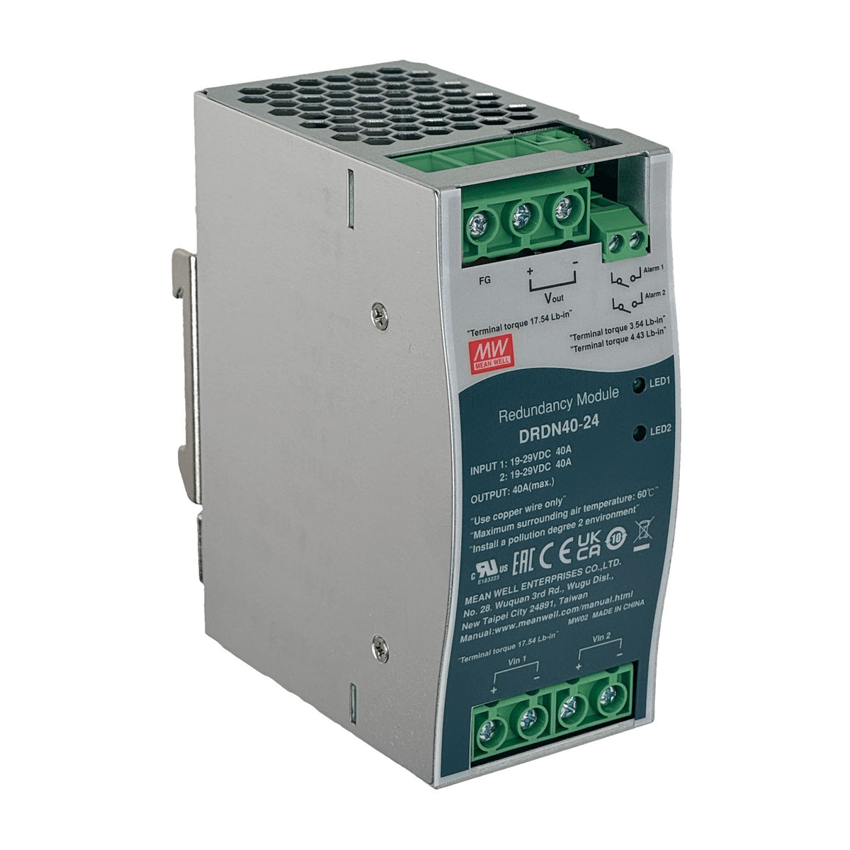 DRDN40-24 MEANWELL 24VDC 40A Unidad de Respaldo Redundante Ancho-55mm Carril-DIN 19-29VDC