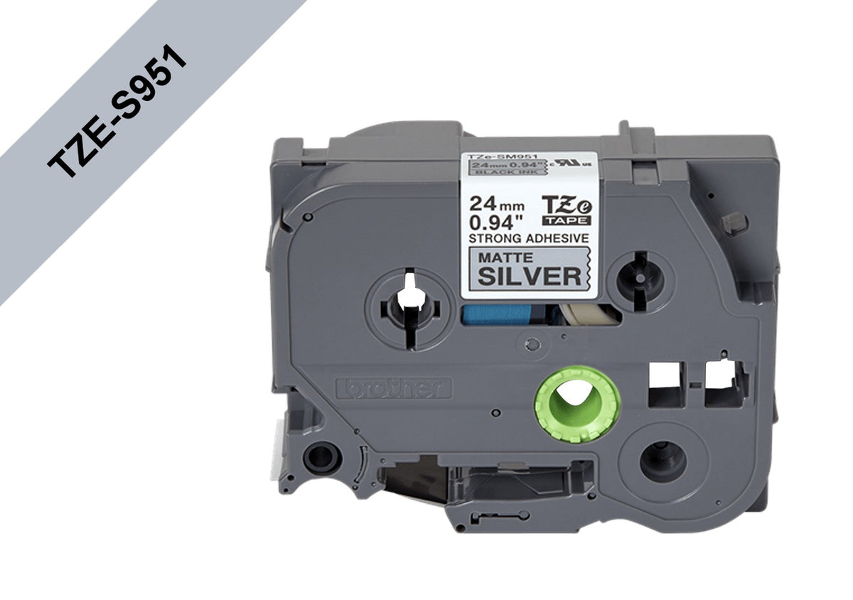 TZE-S951 BROTHER E-P 24mm Negro sobre Plateado Cinta 8 metros para PT-E550WVP/D600VP/P900W