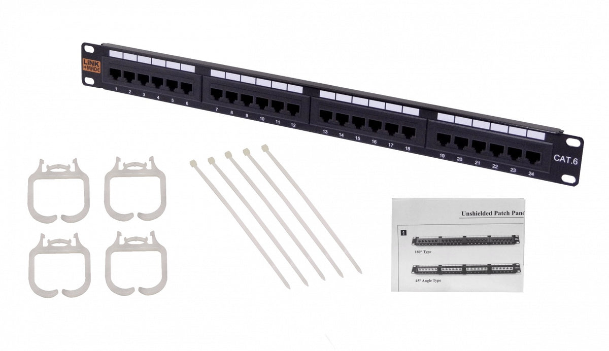 PP624L. LINKMADE Panel de parcheo de 24 puertos RJ45 Cat6 UTP, 1U, compatible con T568A y T568B