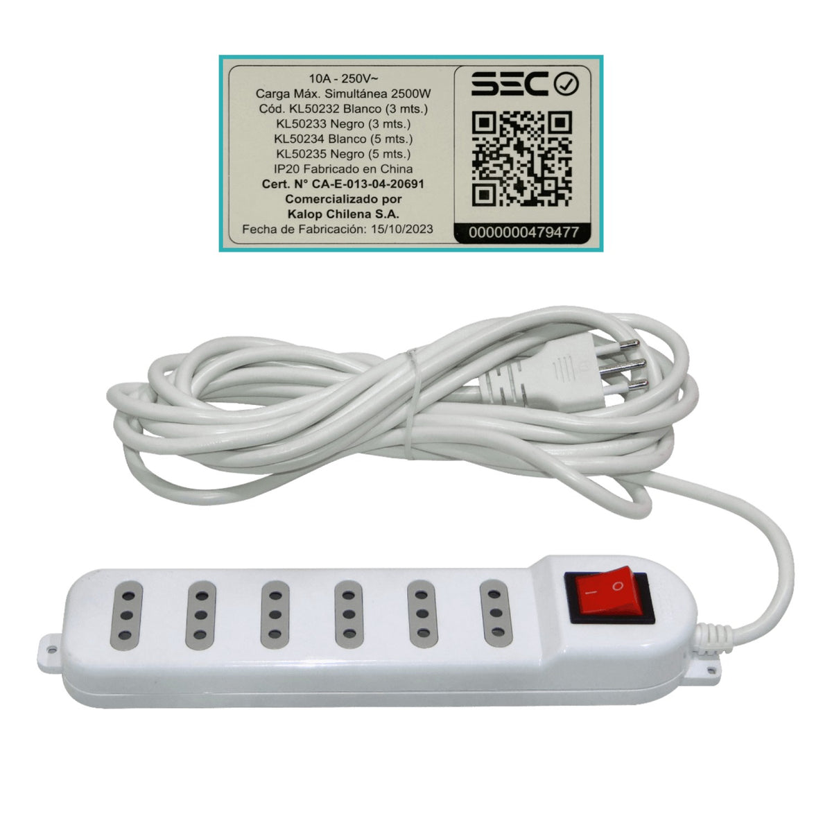 ELG-65K KALOP 5 metros 6-Tomas Prolongador Color Blanco 10A Regleta con Luz-Testigo Interruptor KL50234