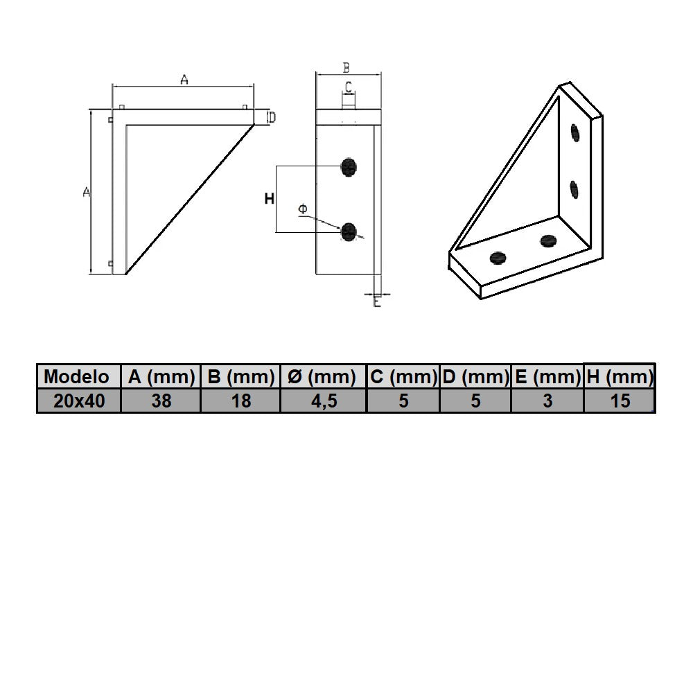 Soporte ángulo 90° perfil TSlot 20x40 (Pack 2 und)