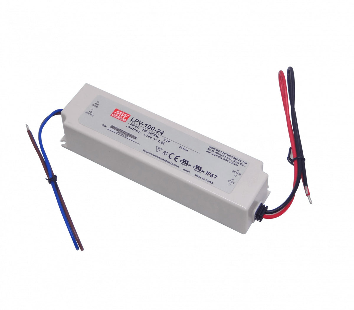 LPV-100-24 MEANWELL 24V 100,8W 4,2A 100-240VAC Fuente de Alimentación Plástica IP67 Sellada