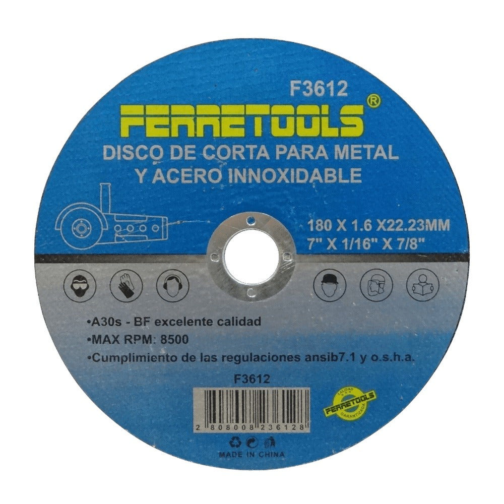 MET7-16 Disco de corte para metal de 180mm x 1,6mm con diámetro interior de 22,23mm para 8500rpm A30s F3612