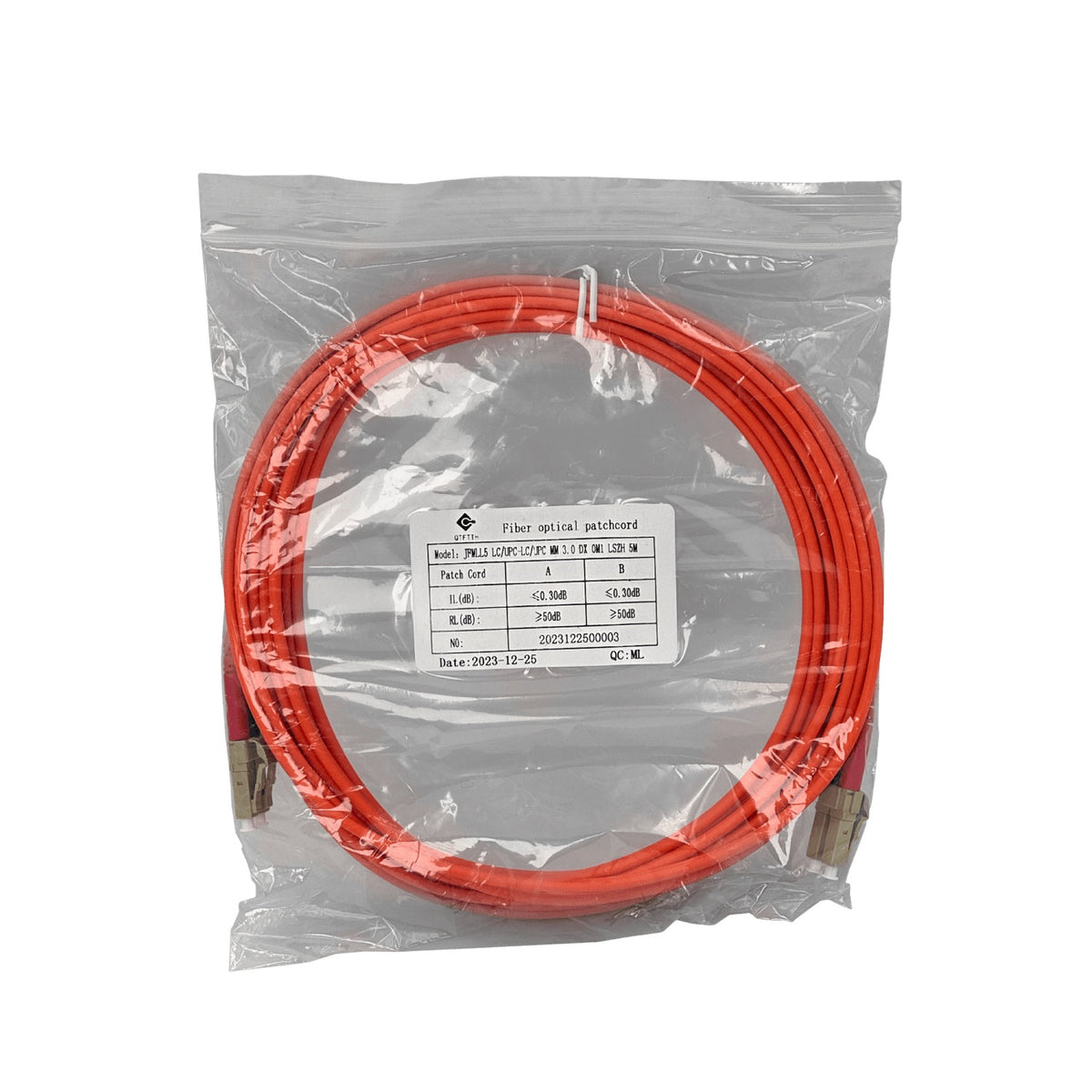 JFMLL5 Cable jumper de fibra óptica dúplex multimodo OM1 LC-LC de 5 metros, núcleo/revestimiento 62.5/125µm con cubierta LSZH