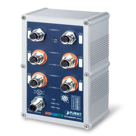 Switch Ethernet Administrado Industrial de 4 Puertos 10/100/1000T 802.3at Con Clasificación IP67 + Switch Ethernet Administrado 10/100/1000T de 2 Puertos (-40 ~ 75 Grados C)