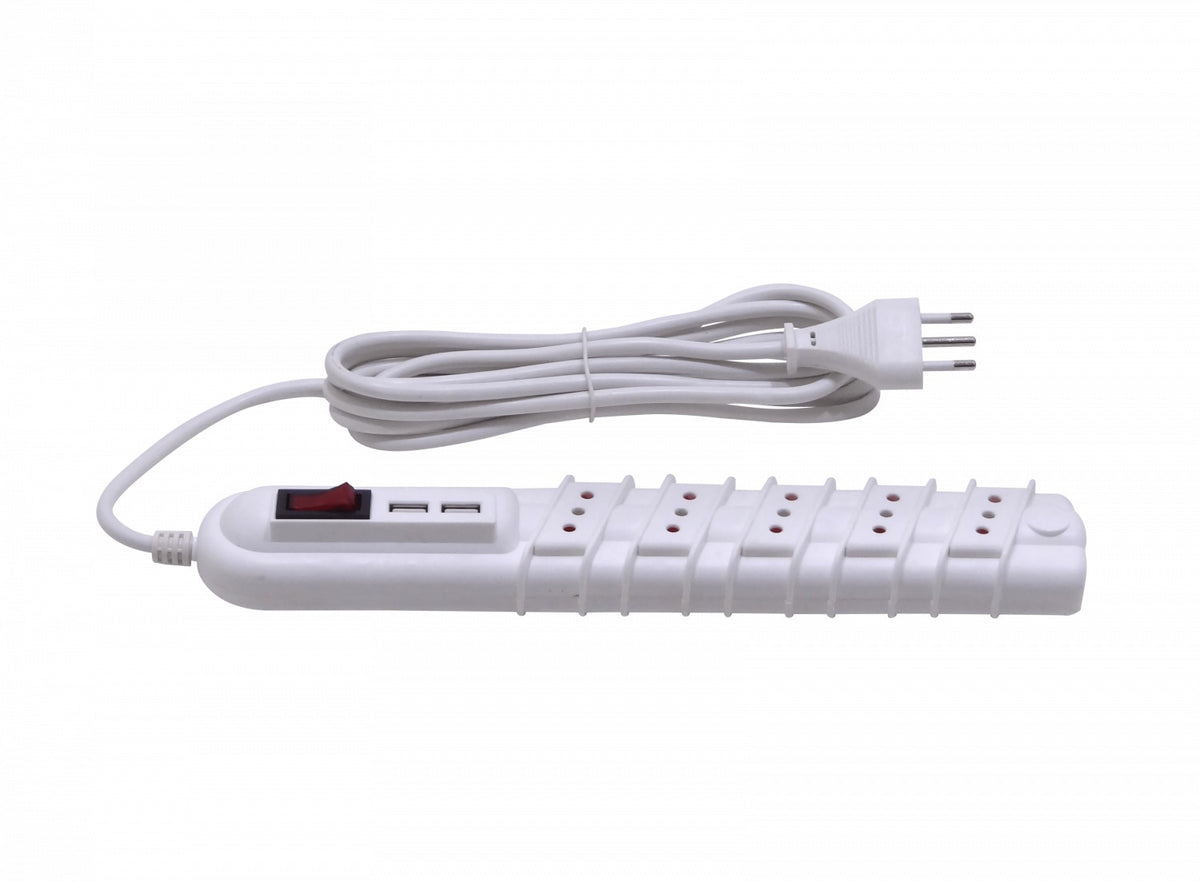 ELG-35WU Regleta RITTIG blanca 5 tomas con interruptor luminoso, 2 USB 5V, cable 3m, 10A-250V, 2200W