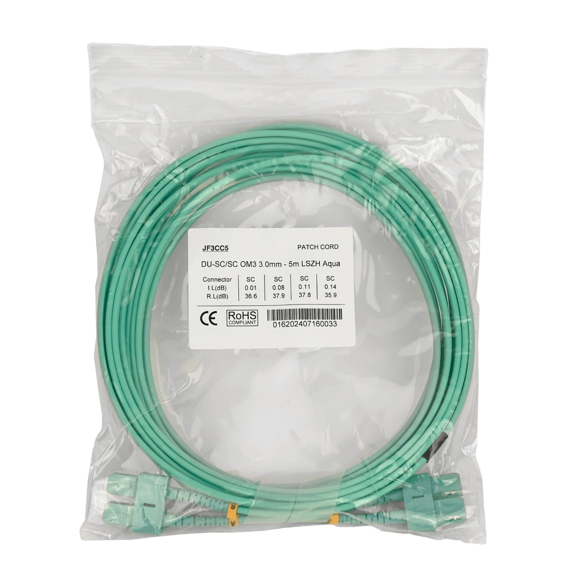 JF3CC5 5m SC-SC OM3 Multimodo MM Dúplex Latiguillo de Fibra 3.0mm 50/125µm LSZH