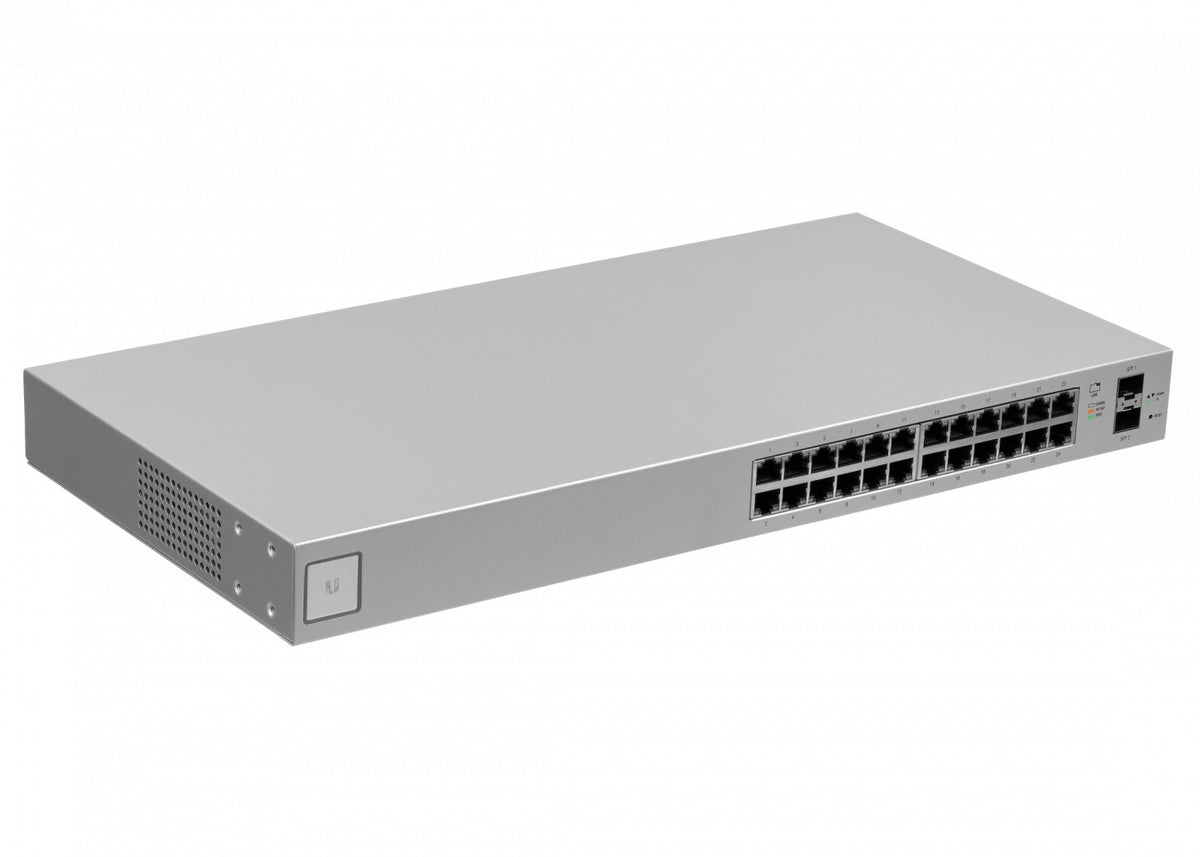 US24. Conmutador UBIQUITI administrable de 24 puertos 1000Base-T, 2 puertos SFP, puerto de consola RS232 a RJ45, requiere UniFi, formato rack, referencia US-24-EU.