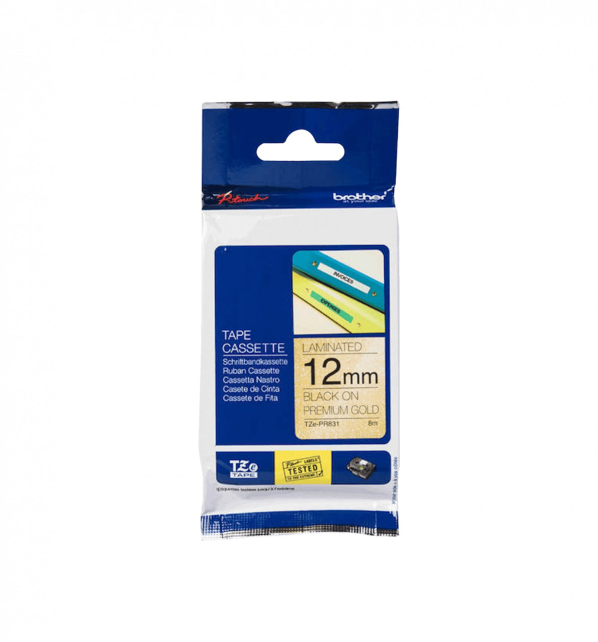 TZE-PR831 BROTHER Cinta de 12mm con Purpurina Negra sobre Base Dorada 8m para Rotuladores PT-H110/E300