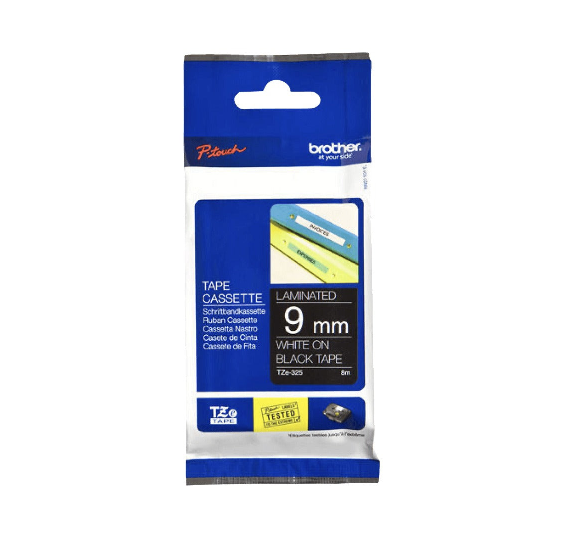 TZE-325 BROTHER Cinta de etiquetado 9mm caracteres blancos sobre fondo negro largo 8 metros para equipos PT-H110/E300/E550/D600