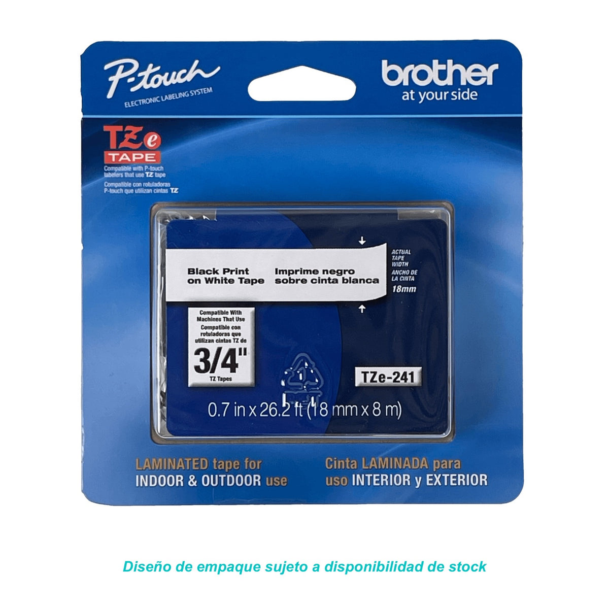 TZE-241 BROTHER Cinta de 18mm Negra sobre Base Blanca de 8 metros para PT-E300VP