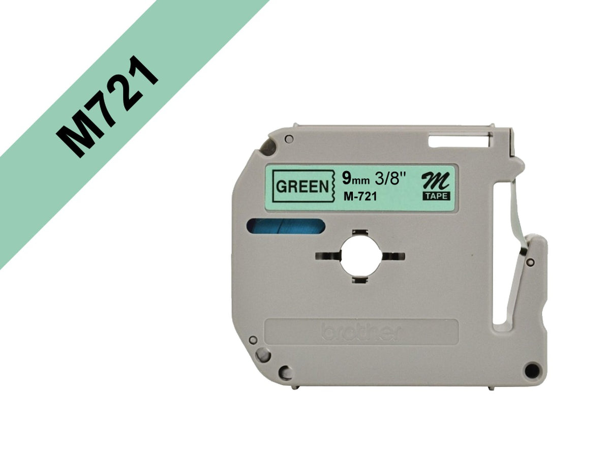 M721 BROTHER Cinta de 9mm Impresión Negra sobre Base Verde rollo 8mt compatible con PT-90