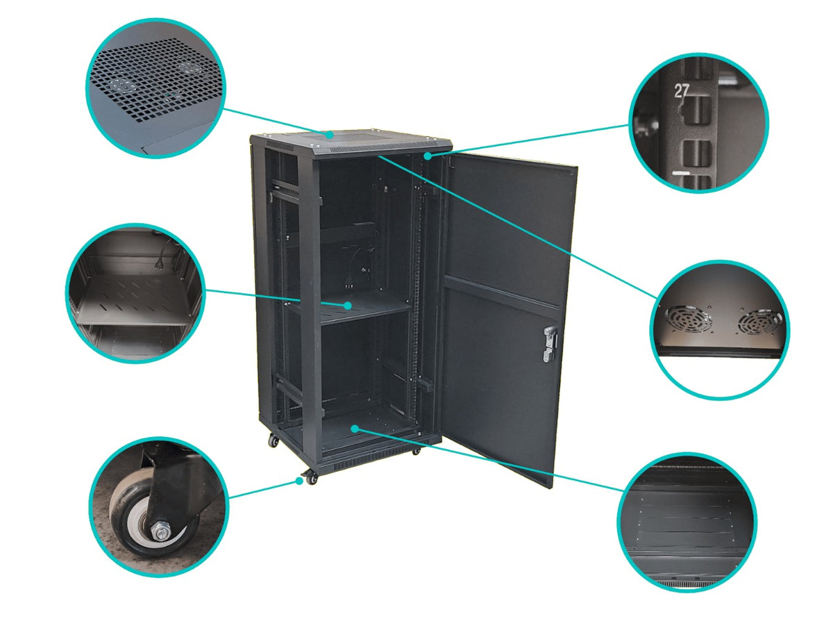 RK27-6LF Rack 27U Ciego Fondo-60cm Ancho-19pulg Piso Ruedas Bandeja-30cm PDU