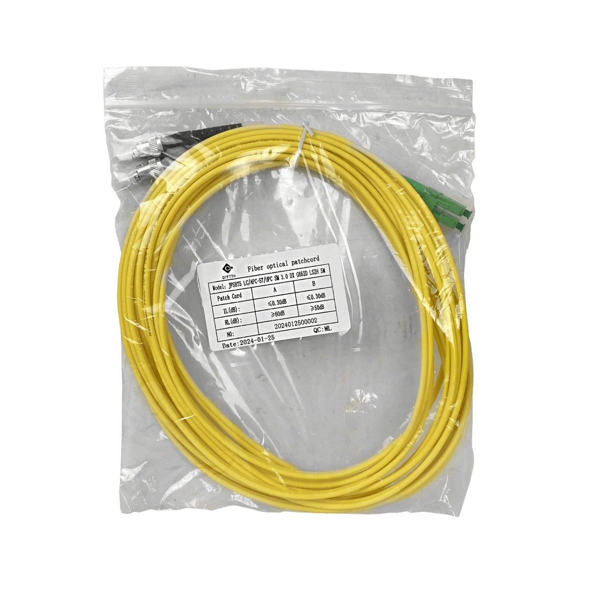 JFSBT5. Cable Pigtail de Fibra Óptica Monomodo SM Dúplex LC/APC a ST/UPC de 5 metros, 3.0 mm, 9/125 µm