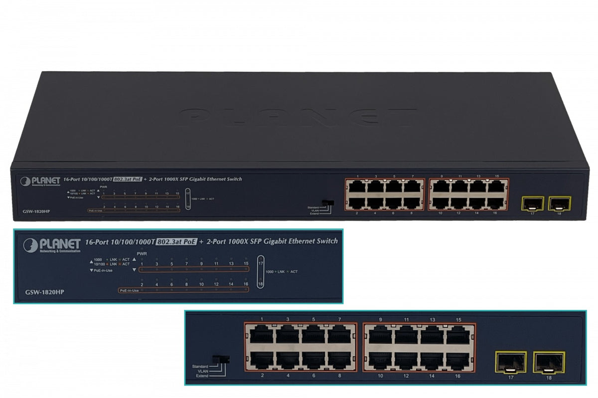 GSW-1820HP PLANET 16-1000-PoE48+af/at 240W-total 2-SFP Conmutador no administrable Bastidor V2