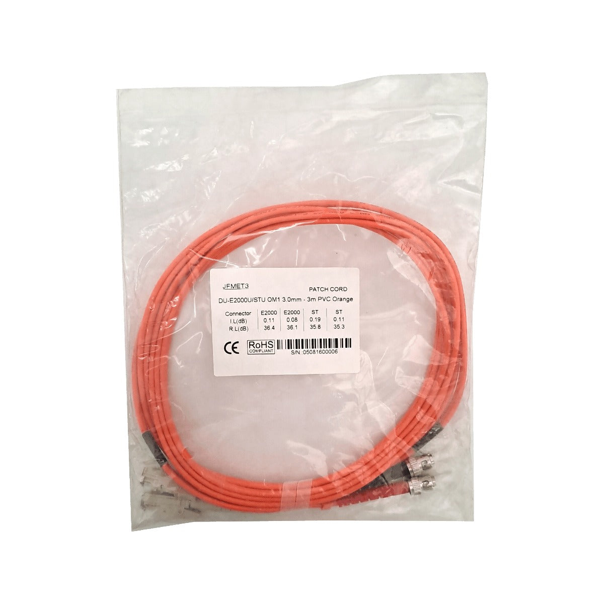 JFMET3 Latiguillo de Fibra Óptica Multimodo OM1 Dúplex 3 metros E2000/UPC a ST/UPC Núcleo 62.5/125µm