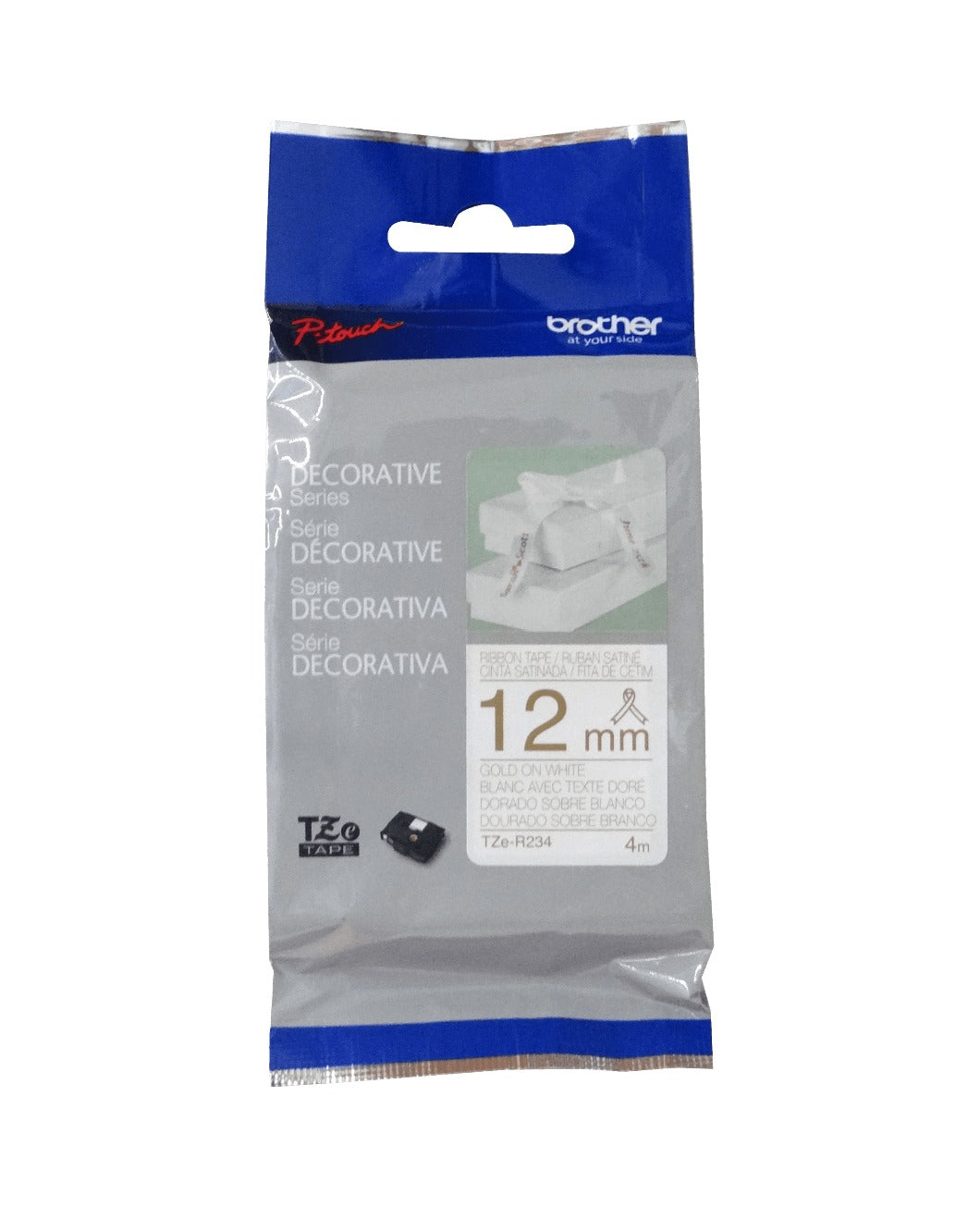 TZE-R234 BROTHER Satinado 12mm Dorado sobre Fondo Blanco Cinta 4mt para PT-H110/H200