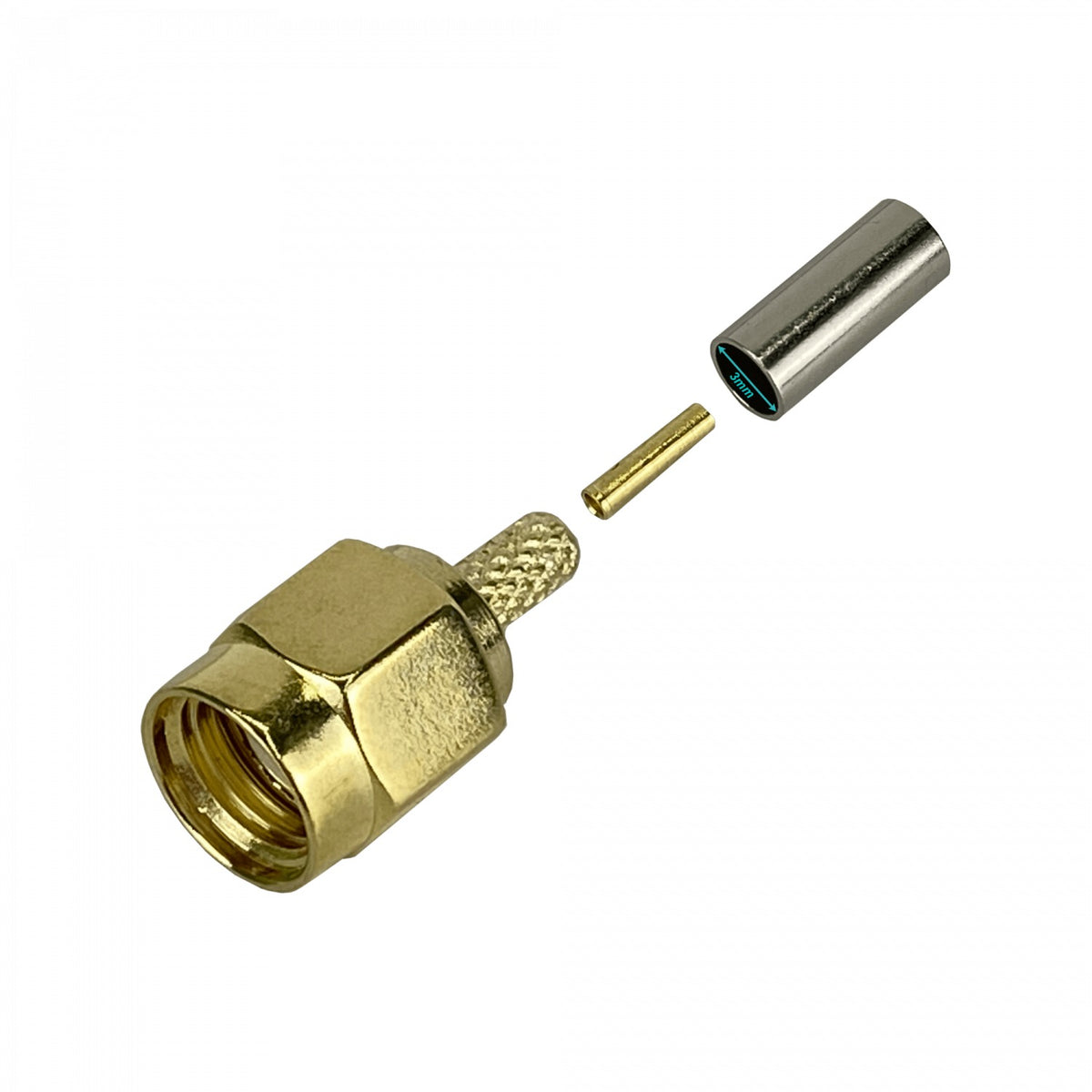 RM1C Conector coaxial crimpeable PRSMA-Macho para cable RG316, apto para CA100 y RG174