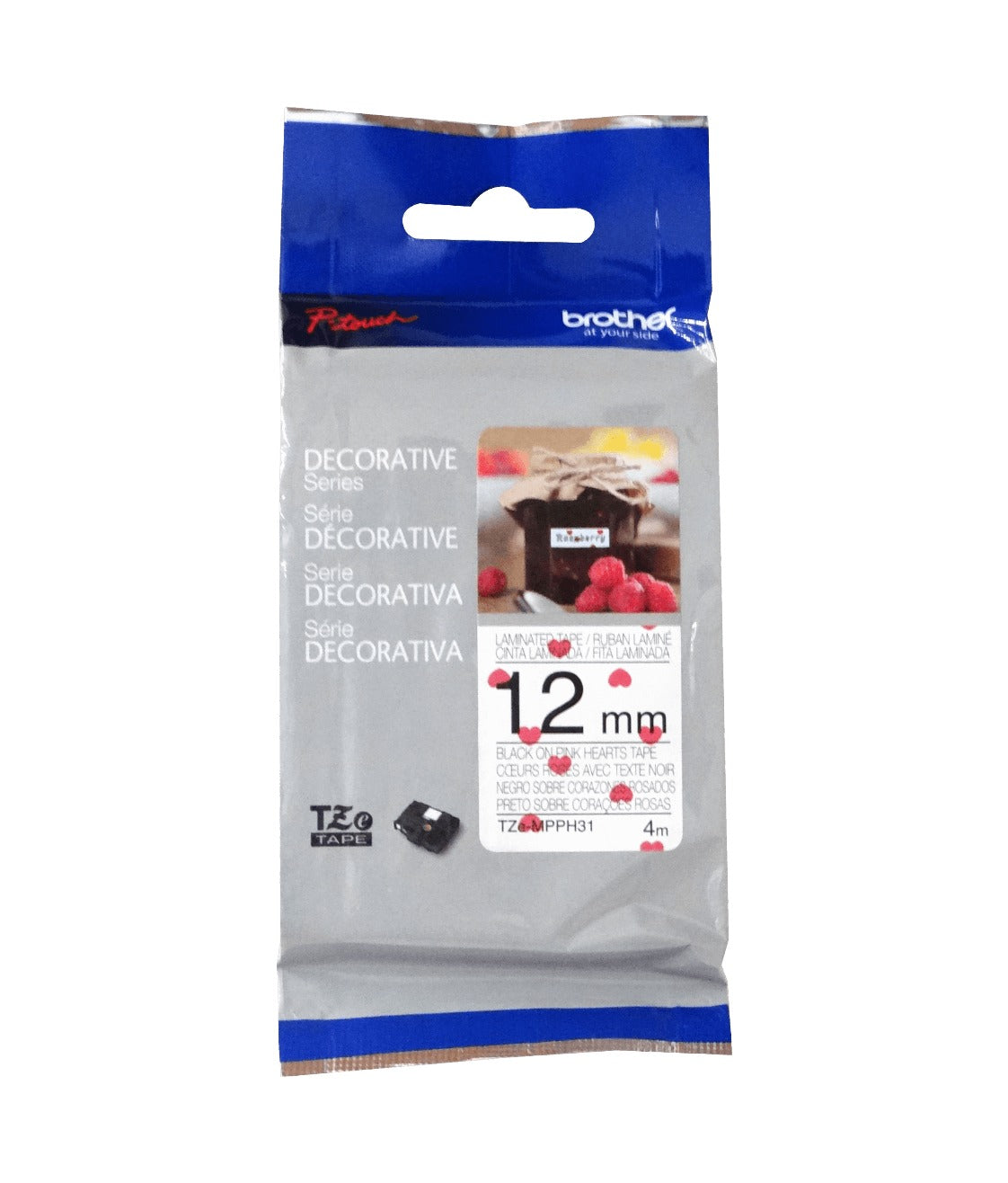 TZE-MPPH31 BROTHER Cinta de 12mm con fondo negro y estampado de corazones, longitud 4 metros, para equipos PT-H110/E300