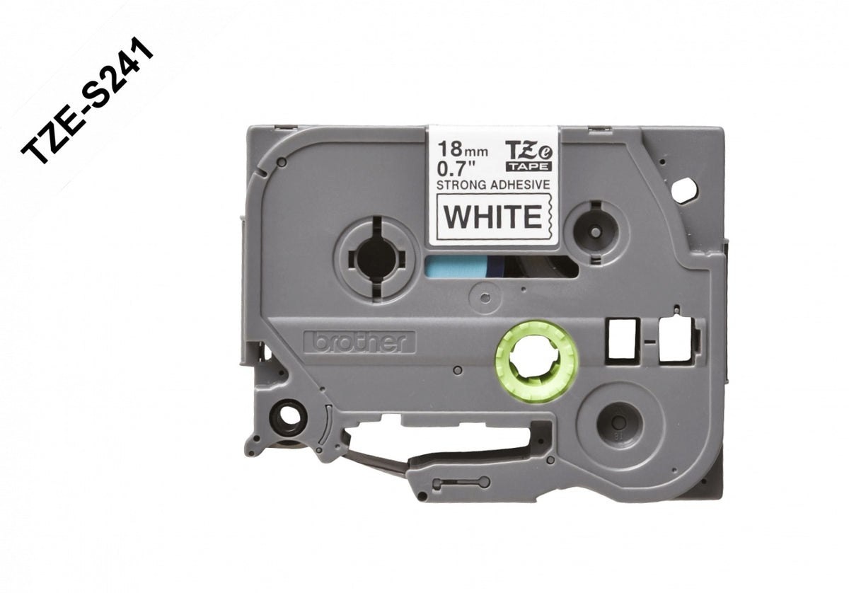 TZE-S241 Cartucho de cinta BROTHER de 18 mm con impresión negra sobre fondo blanco, longitud de 8 metros, compatible con PT-E300VP y adhesivo reforzado