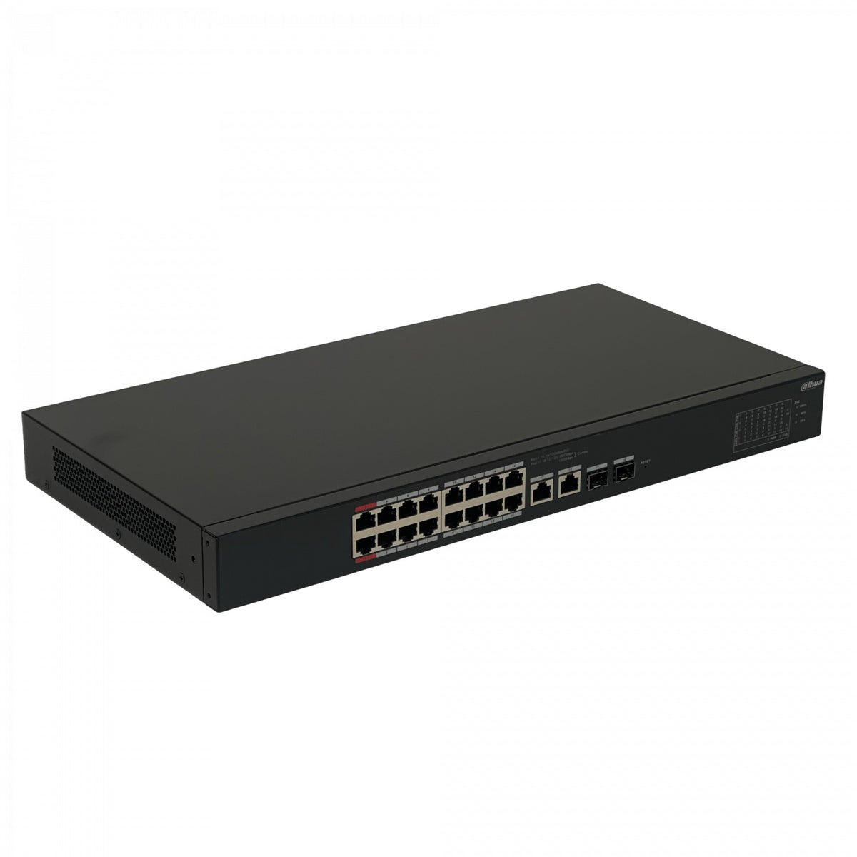 PFS4218 DAHUA Conmutador de Consola para Rack 16 Puertos 100M-PoE+af/at/bt 2 Puertos 1000M 2 Ranuras SFP 190W Totales