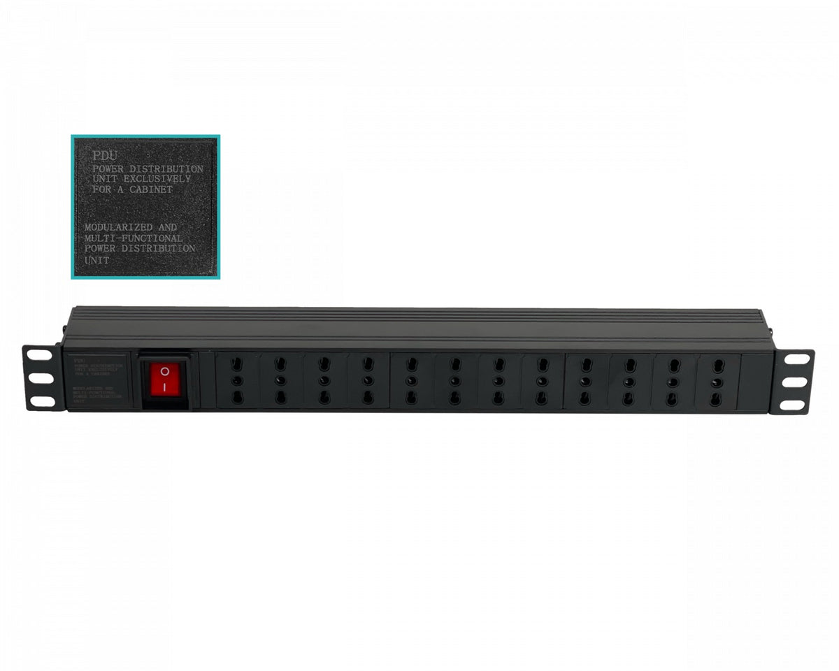 RG12CH LINKMADE Unidad de Distribución Eléctrica 12 Tomas Hembra Suiza 10A 1U Rack con Interruptor Piloto y Enchufe Macho Suizo