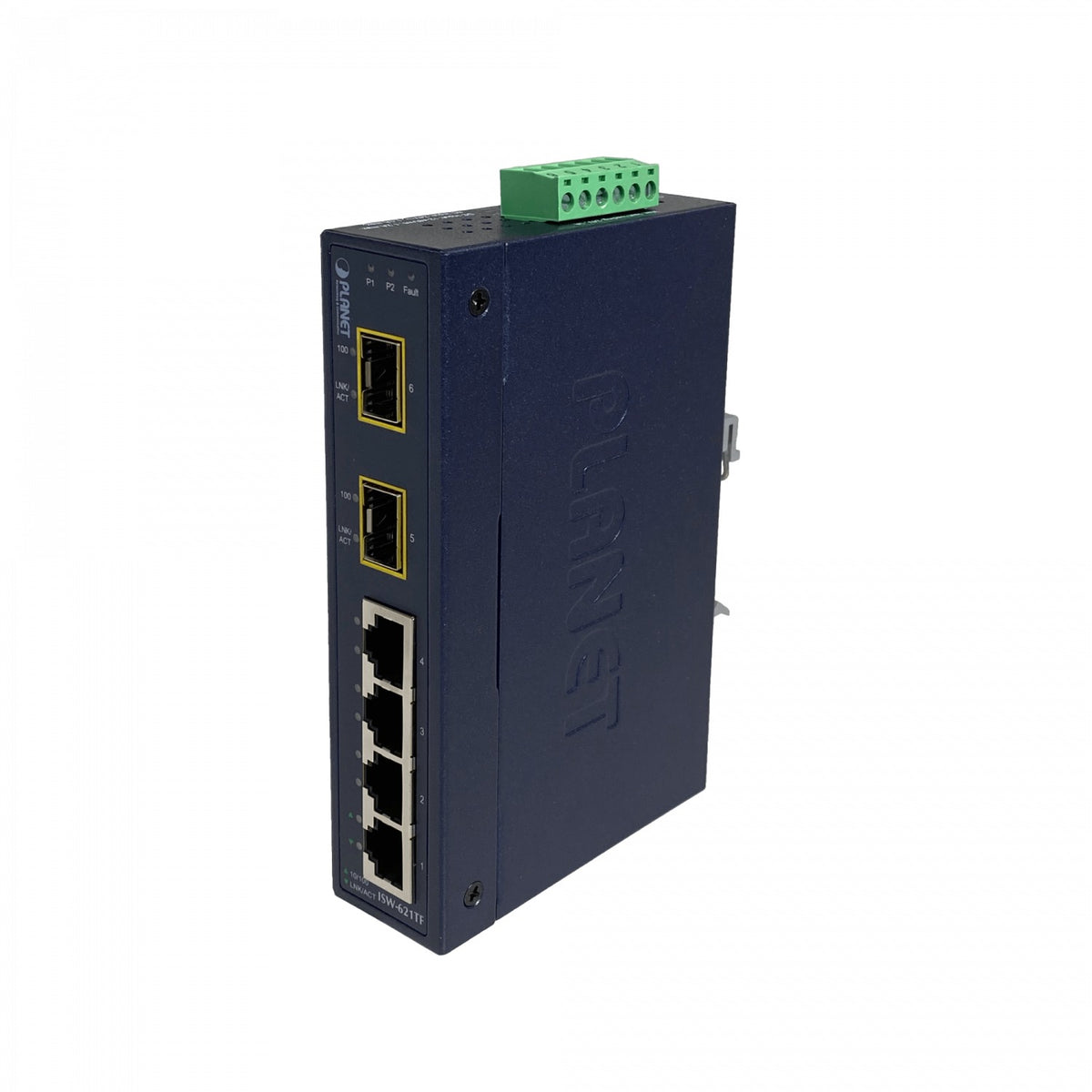 ISW-621TF PLANET 4-Puertos-100 2-Ranuras-SFP-100 Conmutador Industrial no-Gestionable Carril-DIN 12-48VDC/24