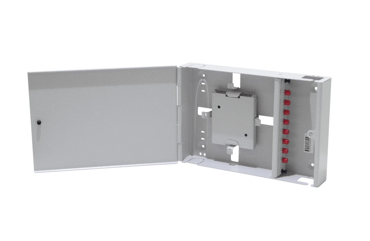 CFM-8F Caja mural cabecera gris de 30x20cm con 8 fibras FC/UPC, incluye acopladores, pigtails y manguera