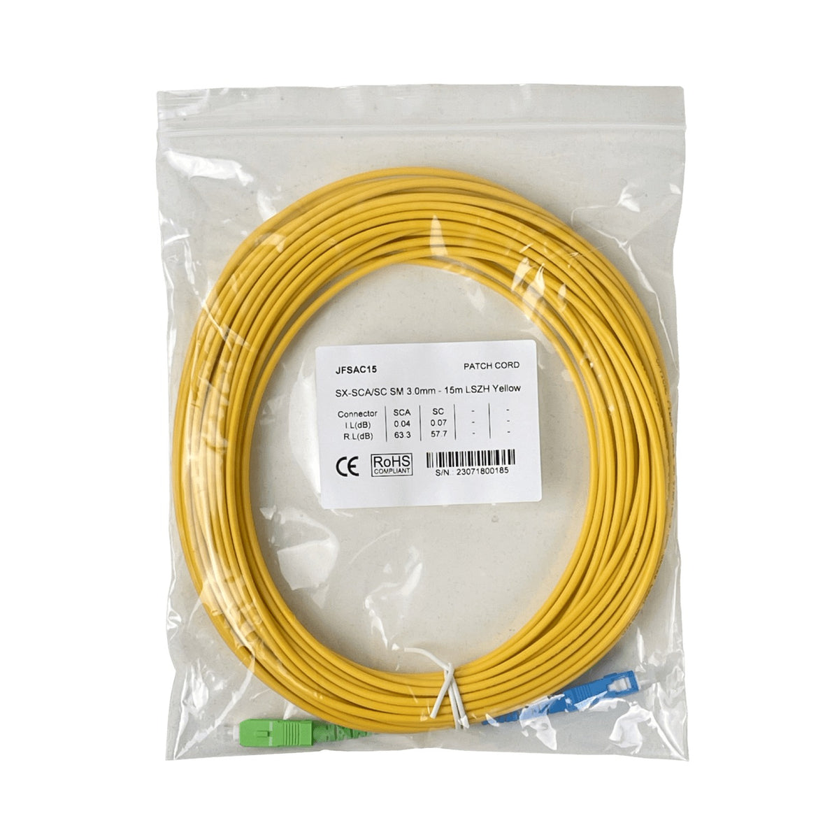 JFSAC15X Cable de Fibra Óptica Simplex Monomodo SM 9/125um de 3mm SC/APC a SC/UPC 15 Metros