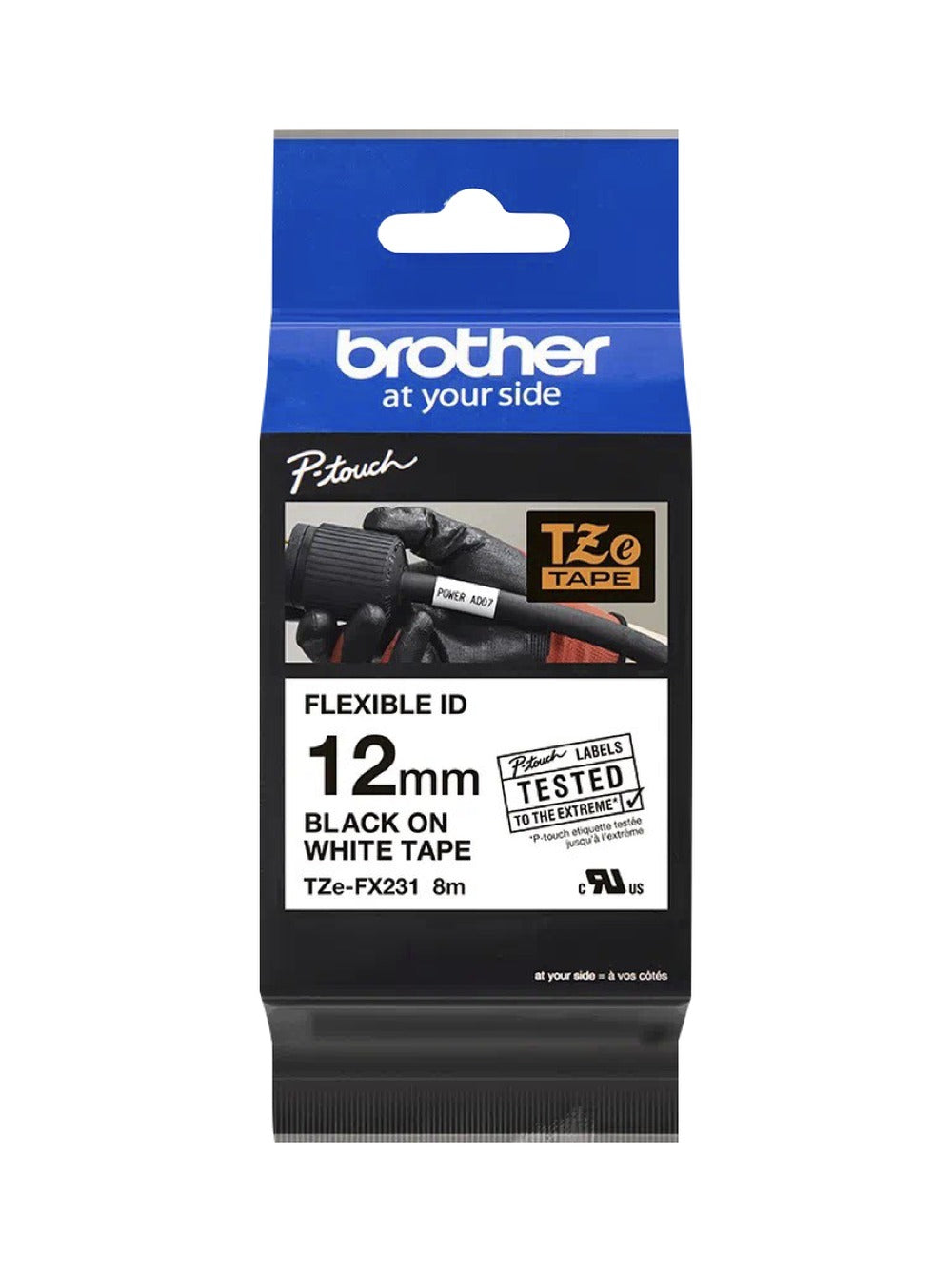 TZE-FX231 BROTHER Flexible 12mm Negro sobre Fondo Blanco Cinta 8mt p/PT-H110/E300/E550