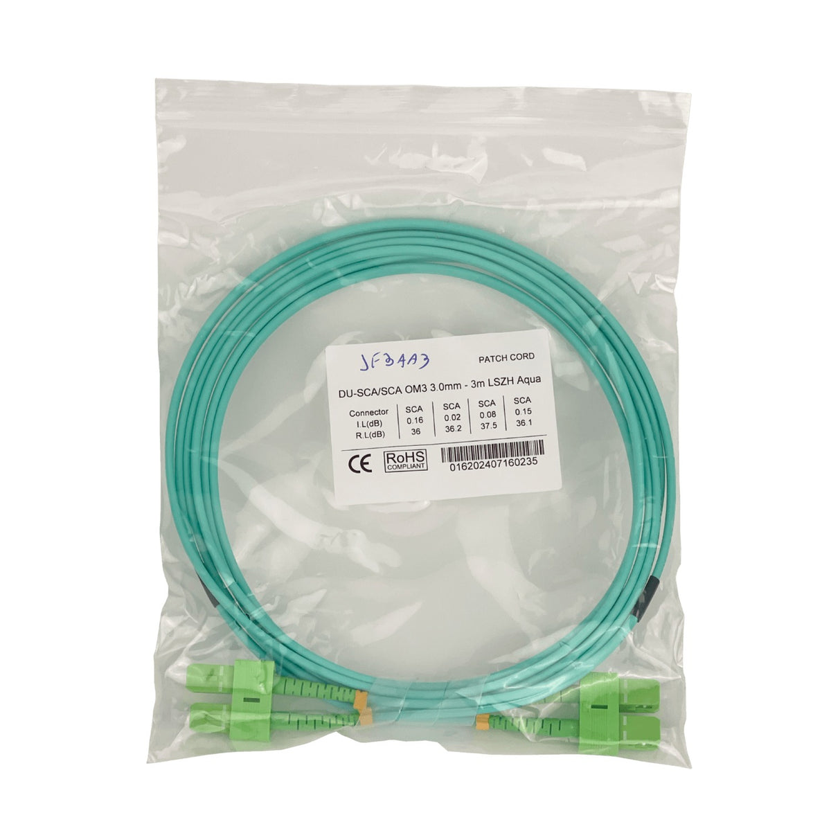 JF3AA3 Latiguillo de Fibra Óptica Multimodo OM3 Dúplex 3 metros SC/APC a SC/APC Cubierta LSZH