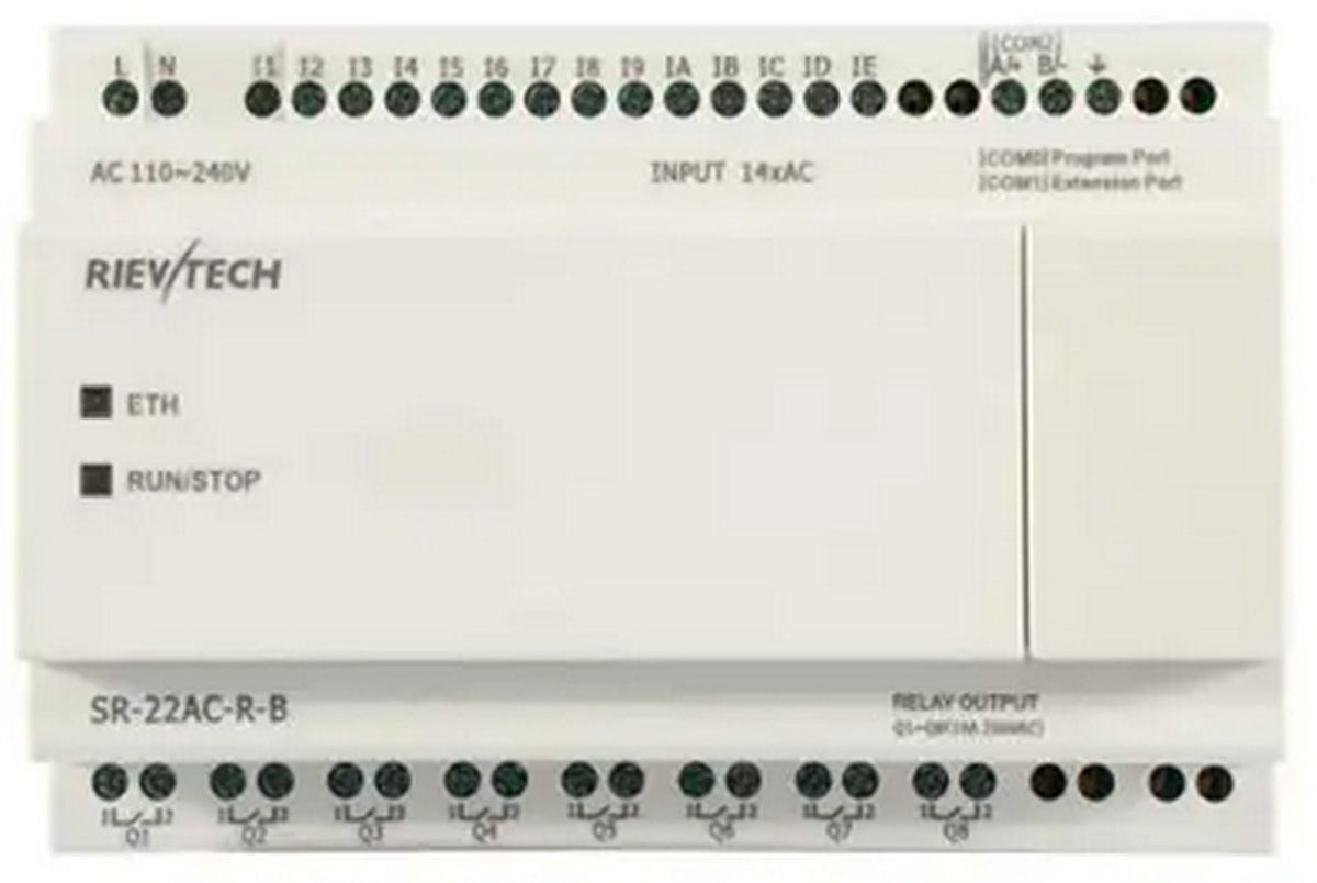 PLC SR-22AC-R-B, 14 entradas digitales 110-240VAC, 8 salidas relé, sin LCD, Rievtech