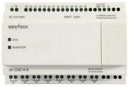 PLC SR-22AC-R-B, 14 entradas digitales 110-240VAC, 8 salidas relé, sin LCD, Rievtech