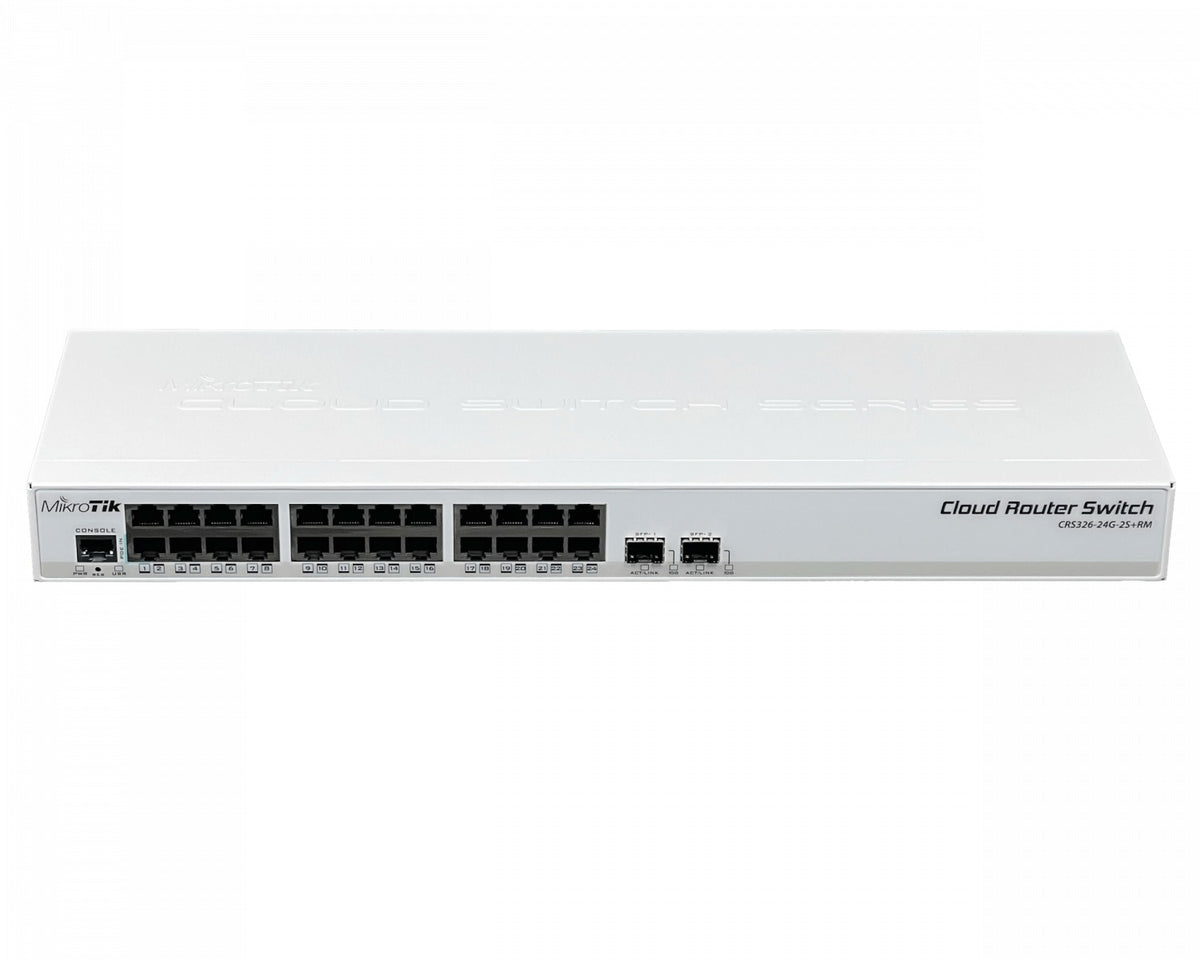 CRS326-24G-2S+RM MIKROTIK switch capa 3 enrutador 24 puertos Gigabit 2 ranuras SFP+ 10G consola RS232-RJ45 montaje rack licencia nivel 5
