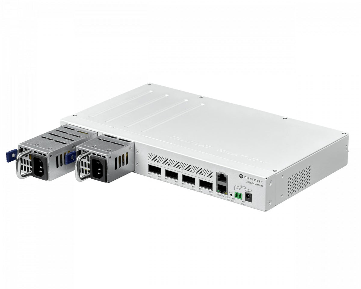 CRS504-4XQ-IN MIKROTIK 4-QSFP28-100G 1-100 L5 36-57VDC 2-220VAC necesita-cables-C13 PoE-entrada